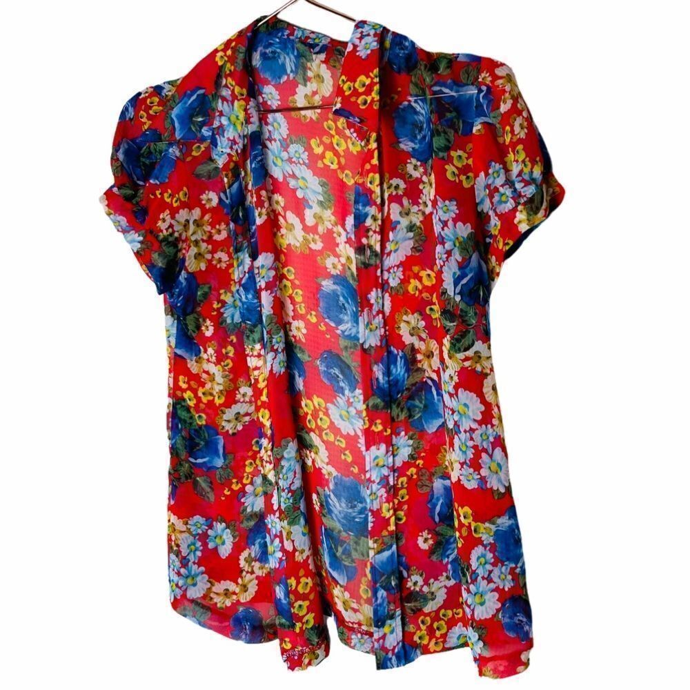 EUC ANGL Red Sheer Floral Button Down Small